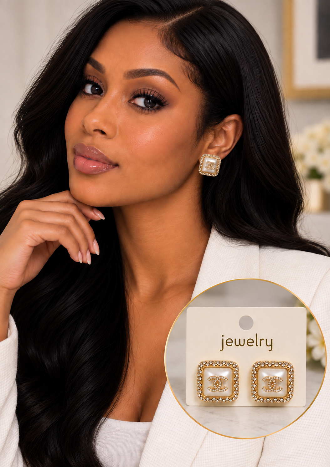 🤍 Pearl Crystal Square Earrings