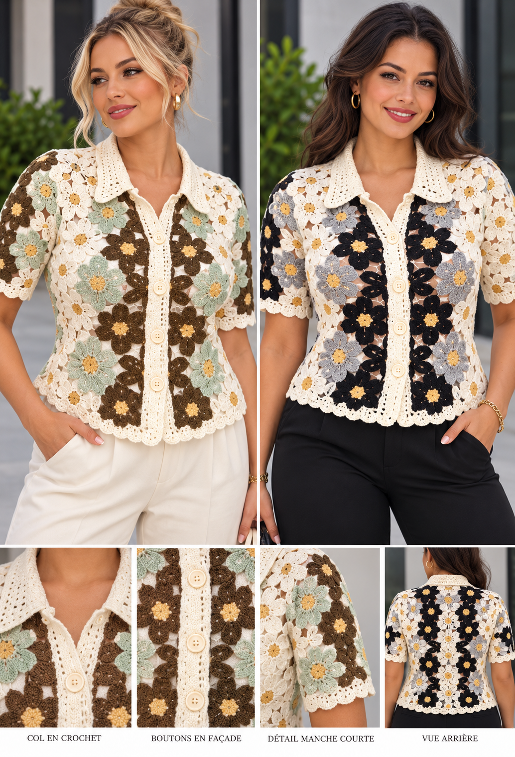🌸 Floral Crochet Button-Up Blouse