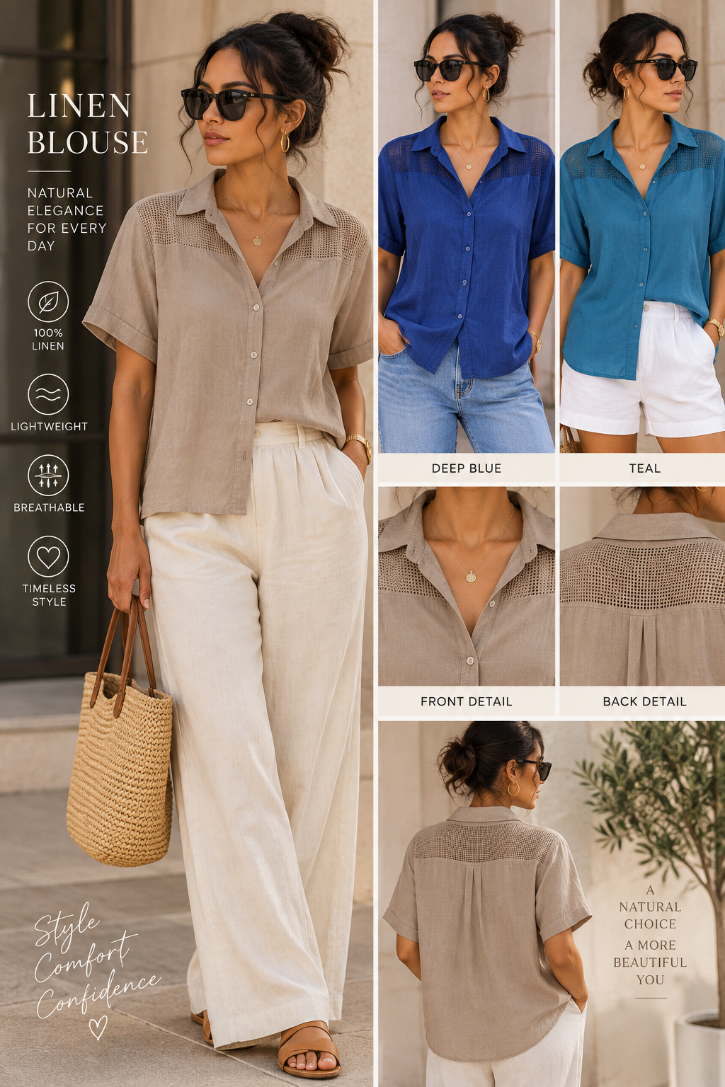 🌿 Linen V-Neck Mesh Shoulder Blouse