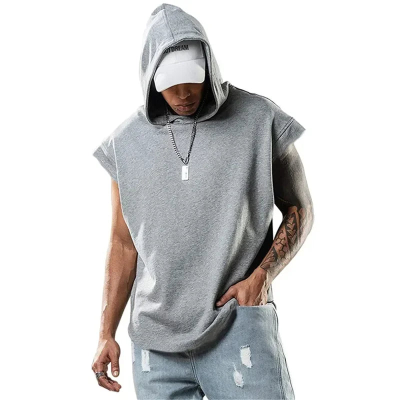 New Men's Fitness Pullover Sports Casual Tank Top Sleeveless Hooded Vest Loose Top