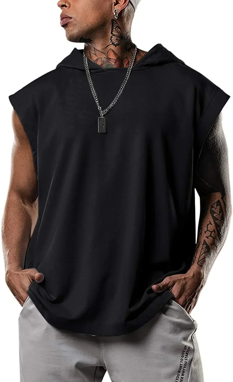 New Men's Fitness Pullover Sports Casual Tank Top Sleeveless Hooded Vest Loose Top