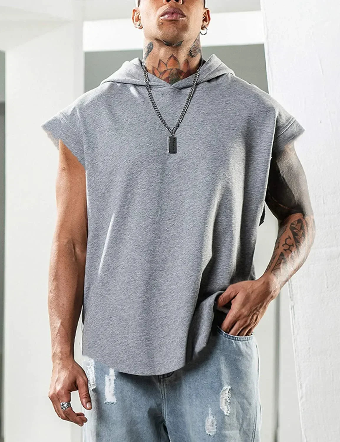 New Men's Fitness Pullover Sports Casual Tank Top Sleeveless Hooded Vest Loose Top