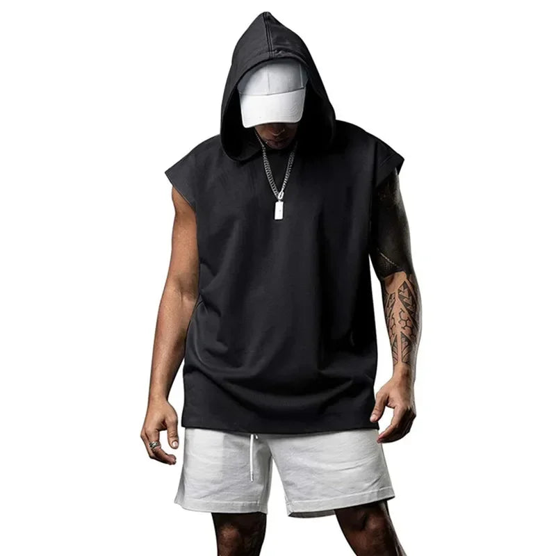 New Men's Fitness Pullover Sports Casual Tank Top Sleeveless Hooded Vest Loose Top