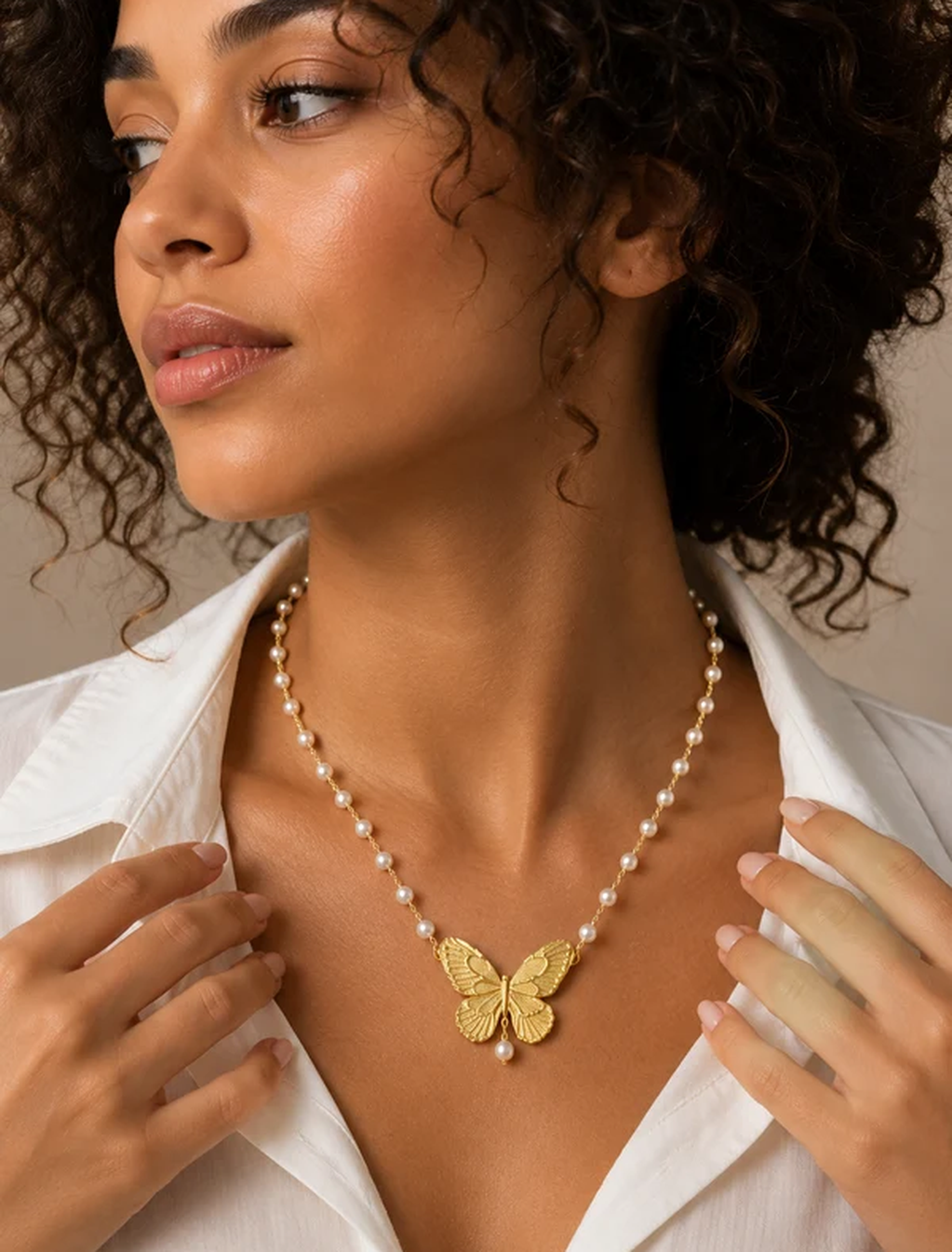 🦋 Golden Butterfly Pearl Necklace ✨