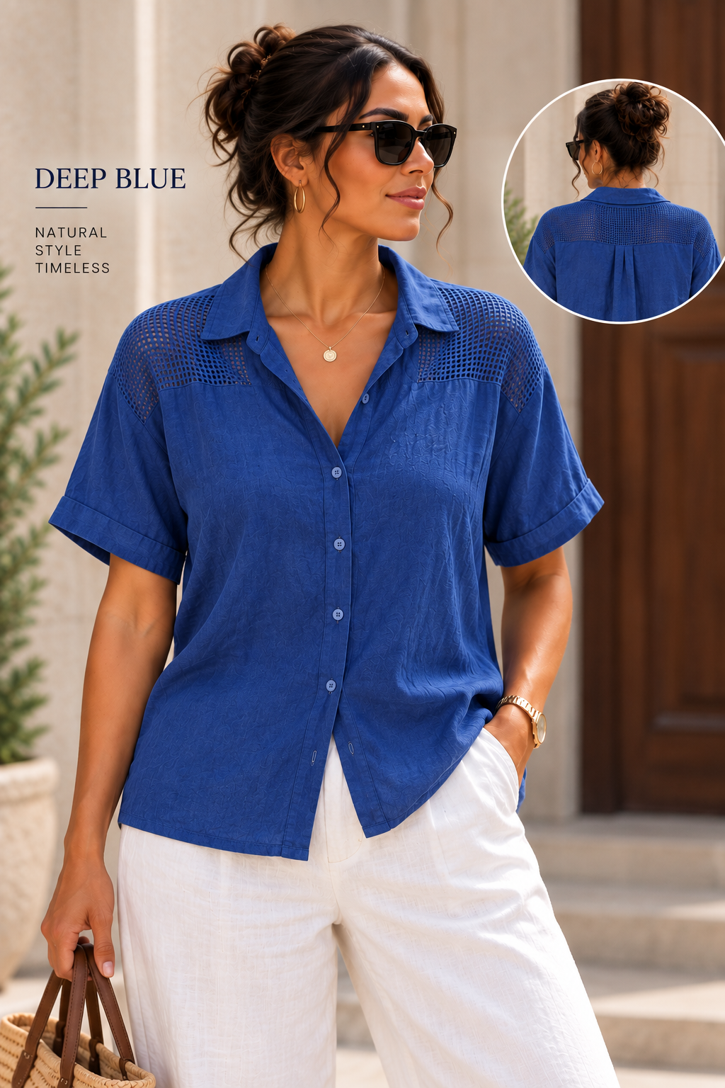🌿 Linen V-Neck Mesh Shoulder Blouse