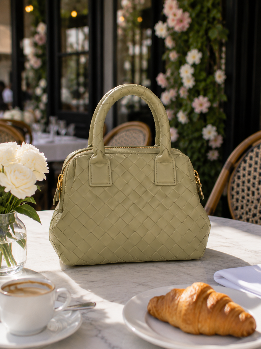👜 Bottega-Style Woven Leather Handbag — Sage Green