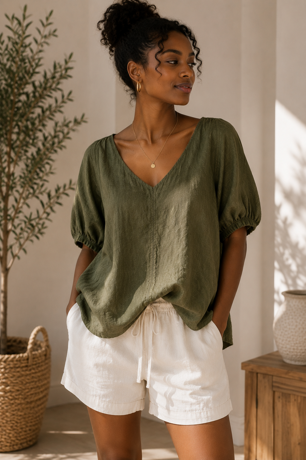 🍑 Soft V-Neck Balloon-Sleeve Top