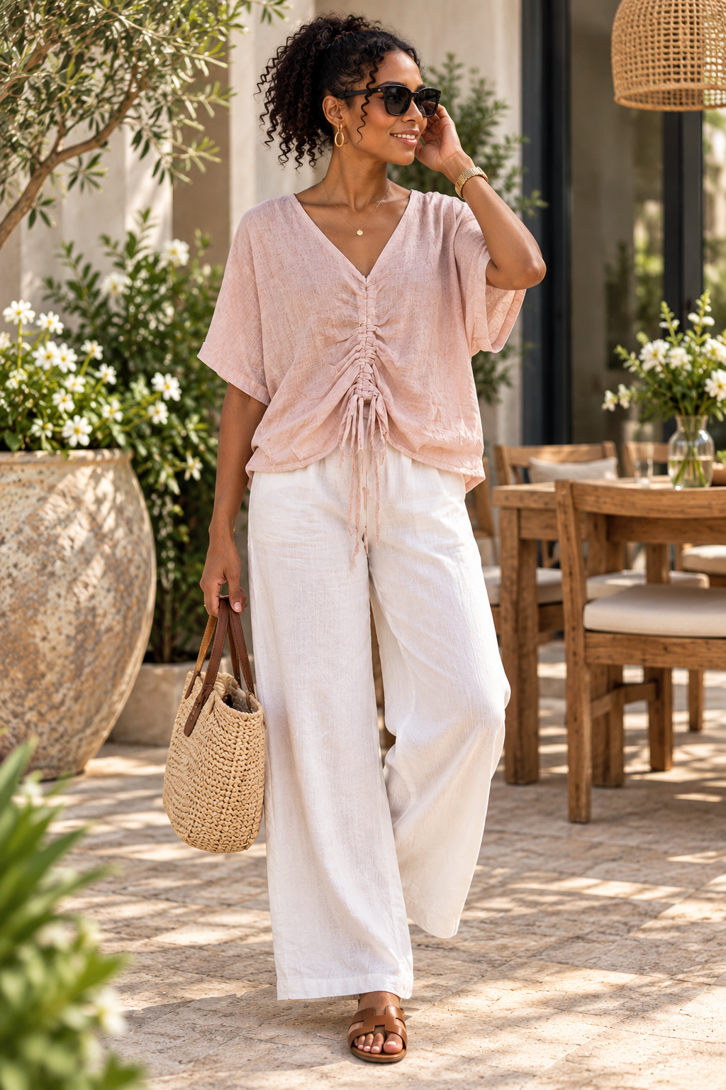 🌸 Blush Ruched Cotton-Linen Blouse