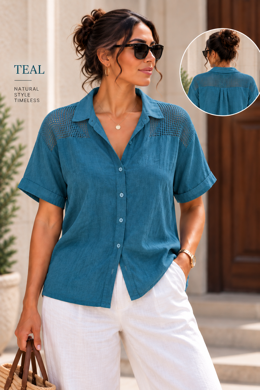 🌿 Linen V-Neck Mesh Shoulder Blouse