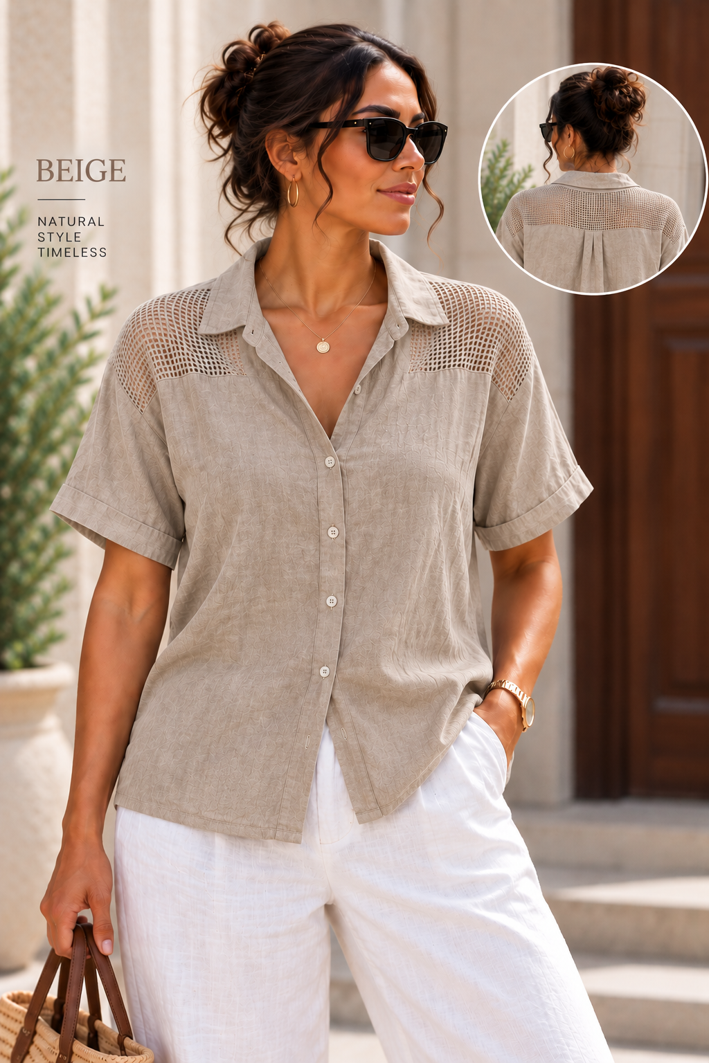 🌿 Linen V-Neck Mesh Shoulder Blouse