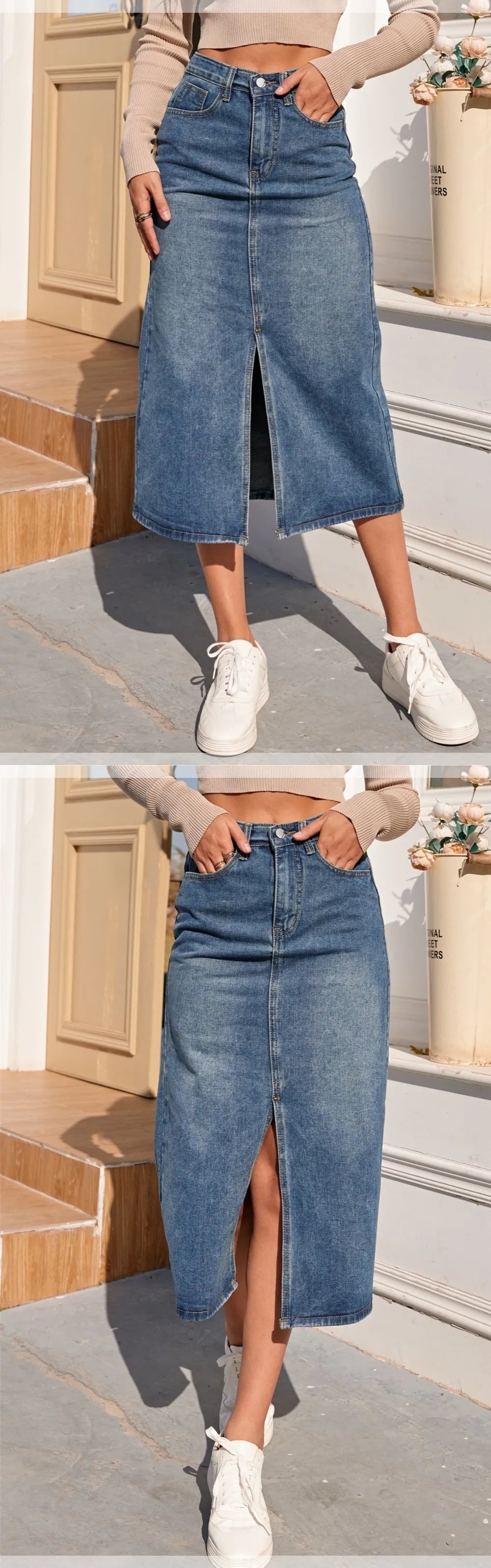 High Waist Straight Denim Skirt Women Vintage Split Fork Blue Long Bodycon Pencil Jean