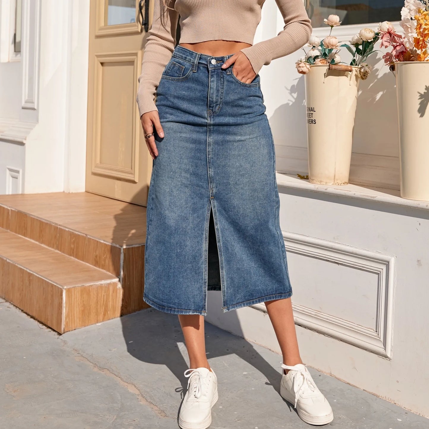 High Waist Straight Denim Skirt Women Vintage Split Fork Blue Long Bodycon Pencil Jean