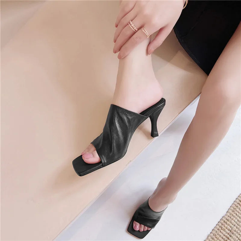 Women's Sandals Full Genuine Leather Thin Heels Square Toe Sheepskin 2023 Summer Sexy Female Slippers Black High