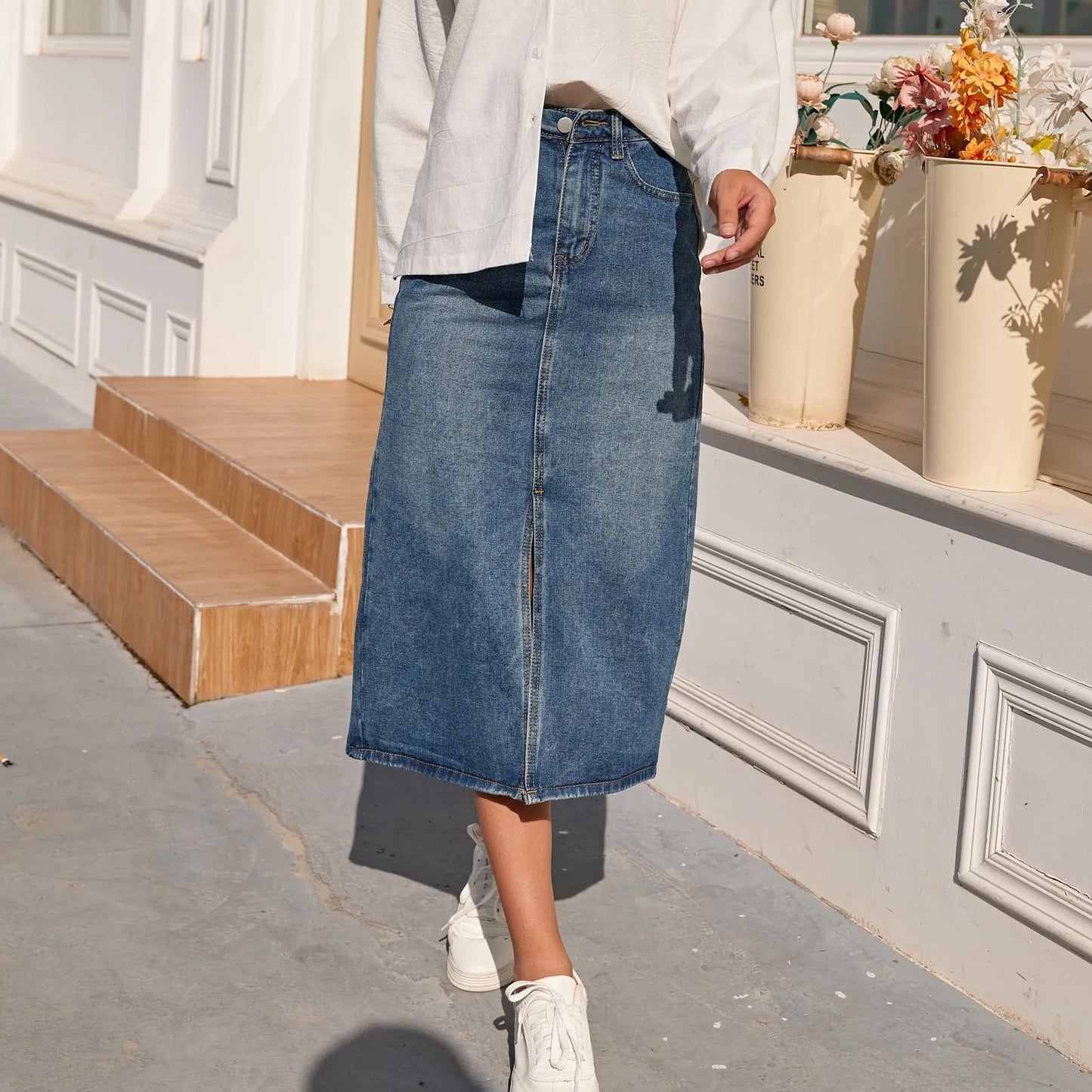 High Waist Straight Denim Skirt Women Vintage Split Fork Blue Long Bodycon Pencil Jean