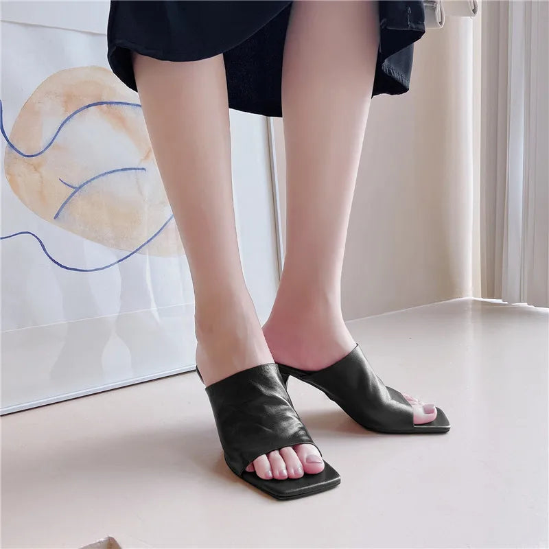 Women's Sandals Full Genuine Leather Thin Heels Square Toe Sheepskin 2023 Summer Sexy Female Slippers Black High