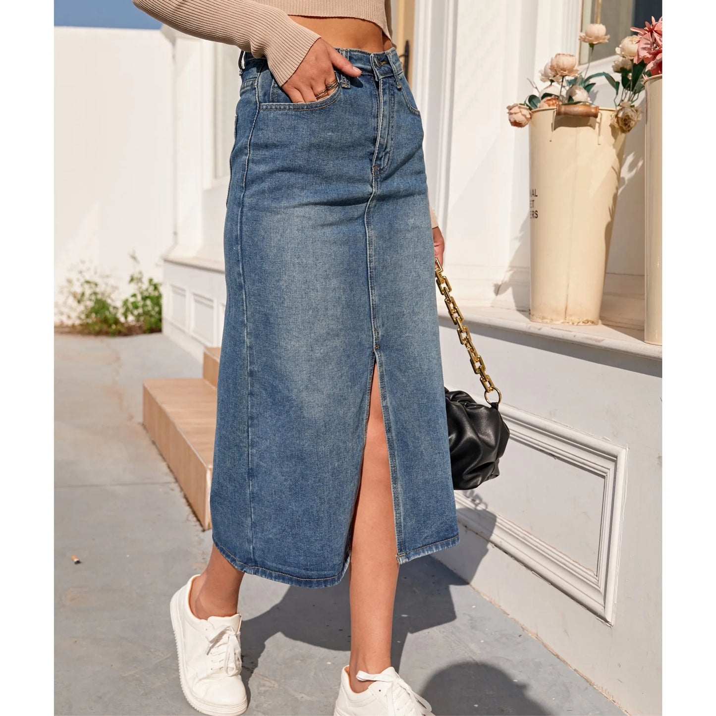 High Waist Straight Denim Skirt Women Vintage Split Fork Blue Long Bodycon Pencil Jean