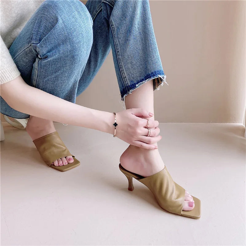 Women's Sandals Full Genuine Leather Thin Heels Square Toe Sheepskin 2023 Summer Sexy Female Slippers Black High