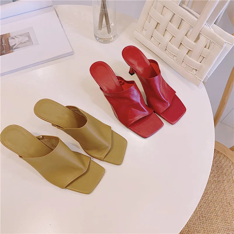 Women's Sandals Full Genuine Leather Thin Heels Square Toe Sheepskin 2023 Summer Sexy Female Slippers Black High