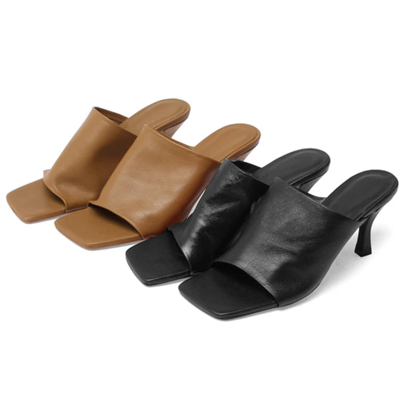 Women's Sandals Full Genuine Leather Thin Heels Square Toe Sheepskin 2023 Summer Sexy Female Slippers Black High