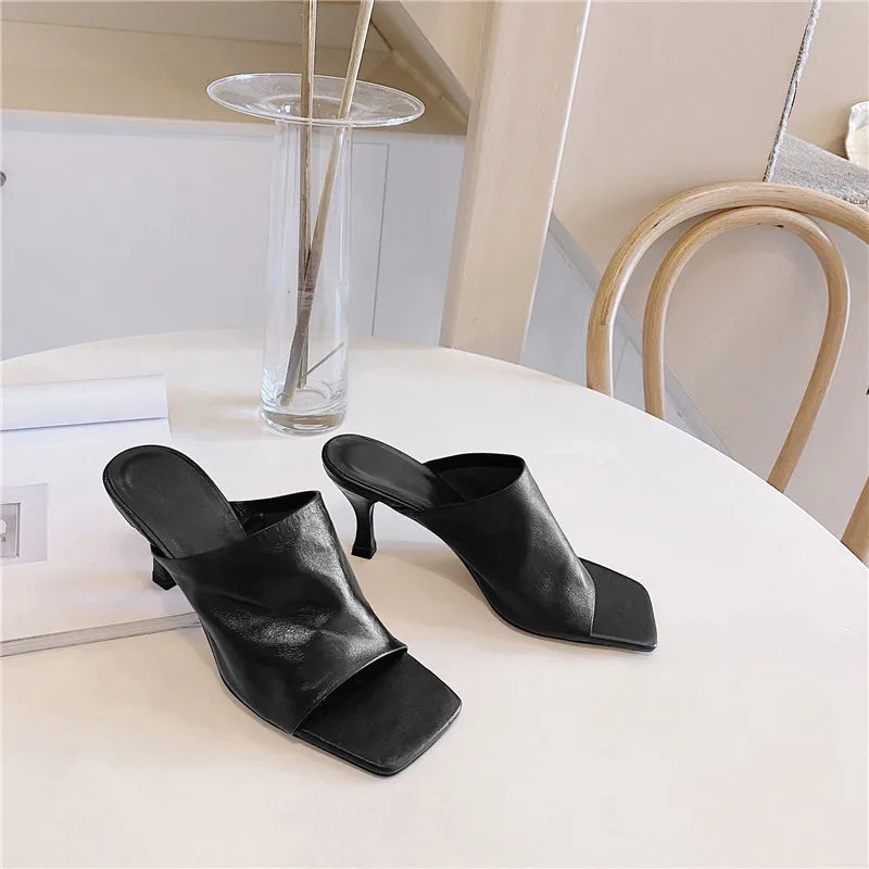 Women's Sandals Full Genuine Leather Thin Heels Square Toe Sheepskin 2023 Summer Sexy Female Slippers Black High