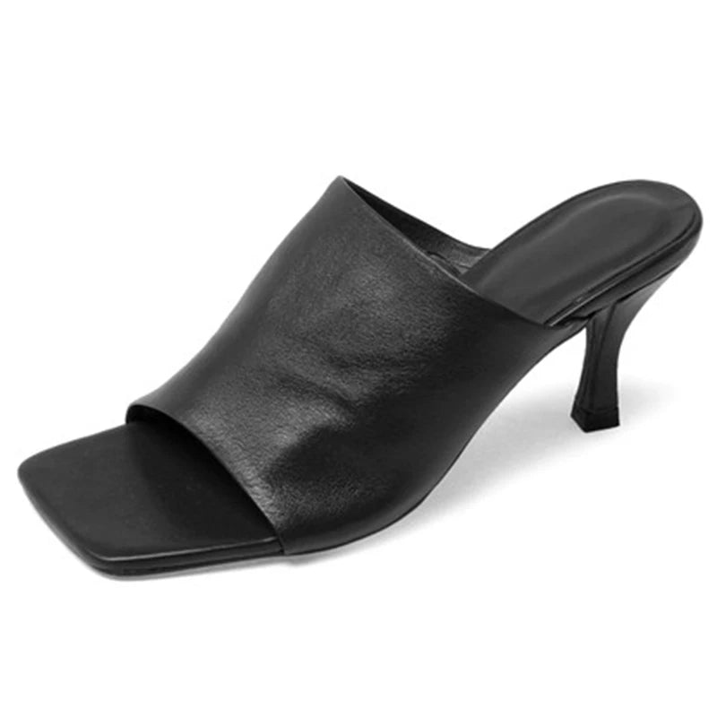 Women's Sandals Full Genuine Leather Thin Heels Square Toe Sheepskin 2023 Summer Sexy Female Slippers Black High