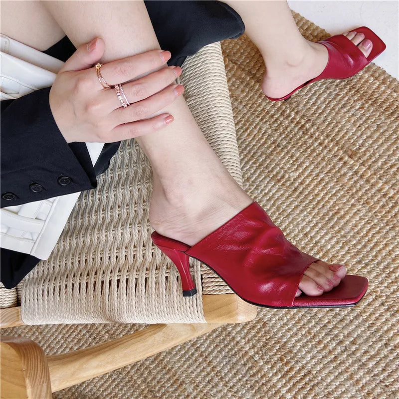 Women's Sandals Full Genuine Leather Thin Heels Square Toe Sheepskin 2023 Summer Sexy Female Slippers Black High