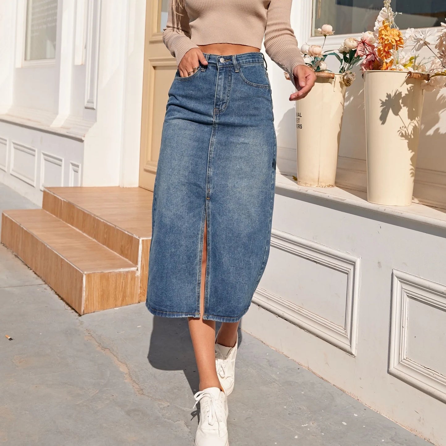 High Waist Straight Denim Skirt Women Vintage Split Fork Blue Long Bodycon Pencil Jean