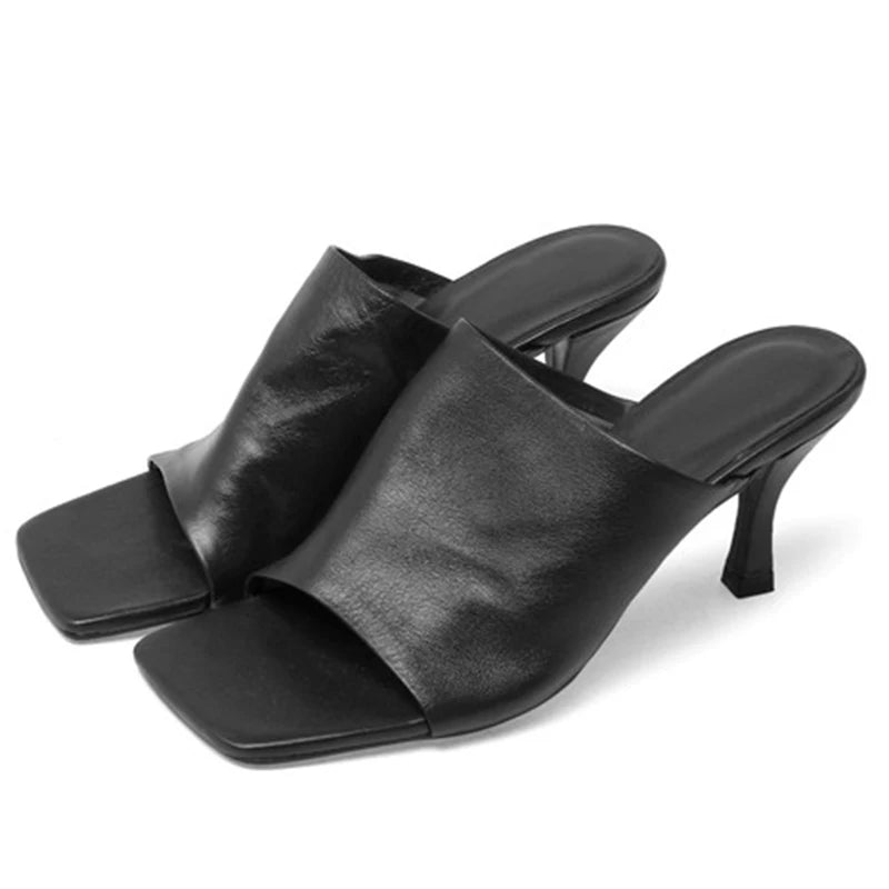 Women's Sandals Full Genuine Leather Thin Heels Square Toe Sheepskin 2023 Summer Sexy Female Slippers Black High