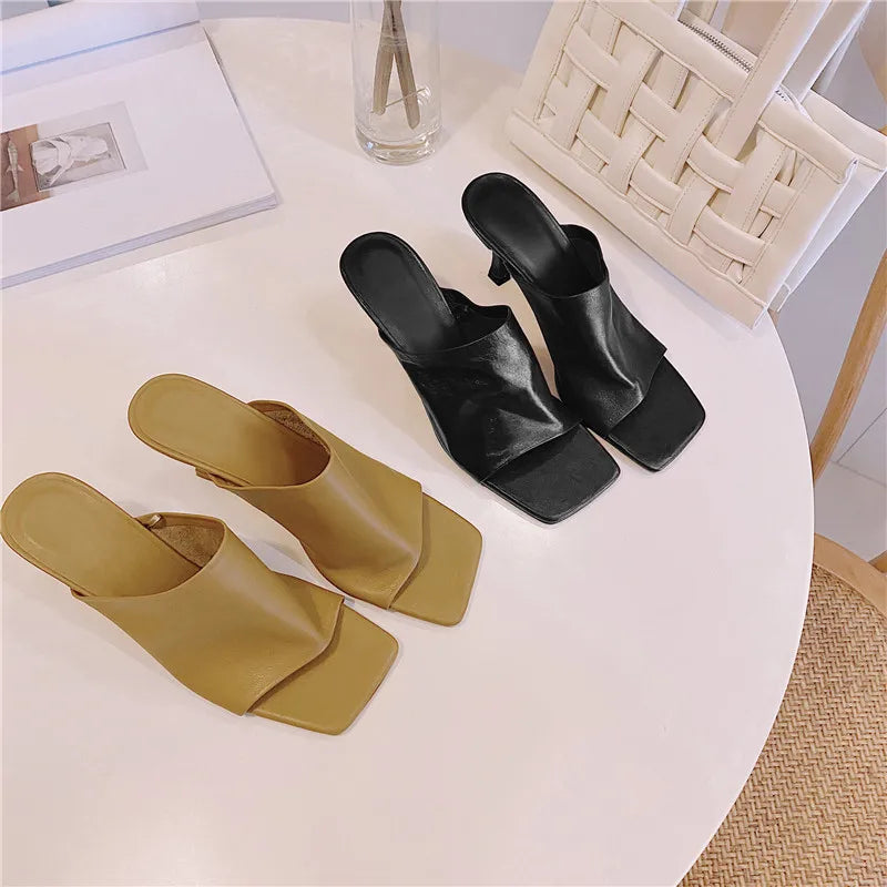 Women's Sandals Full Genuine Leather Thin Heels Square Toe Sheepskin 2023 Summer Sexy Female Slippers Black High