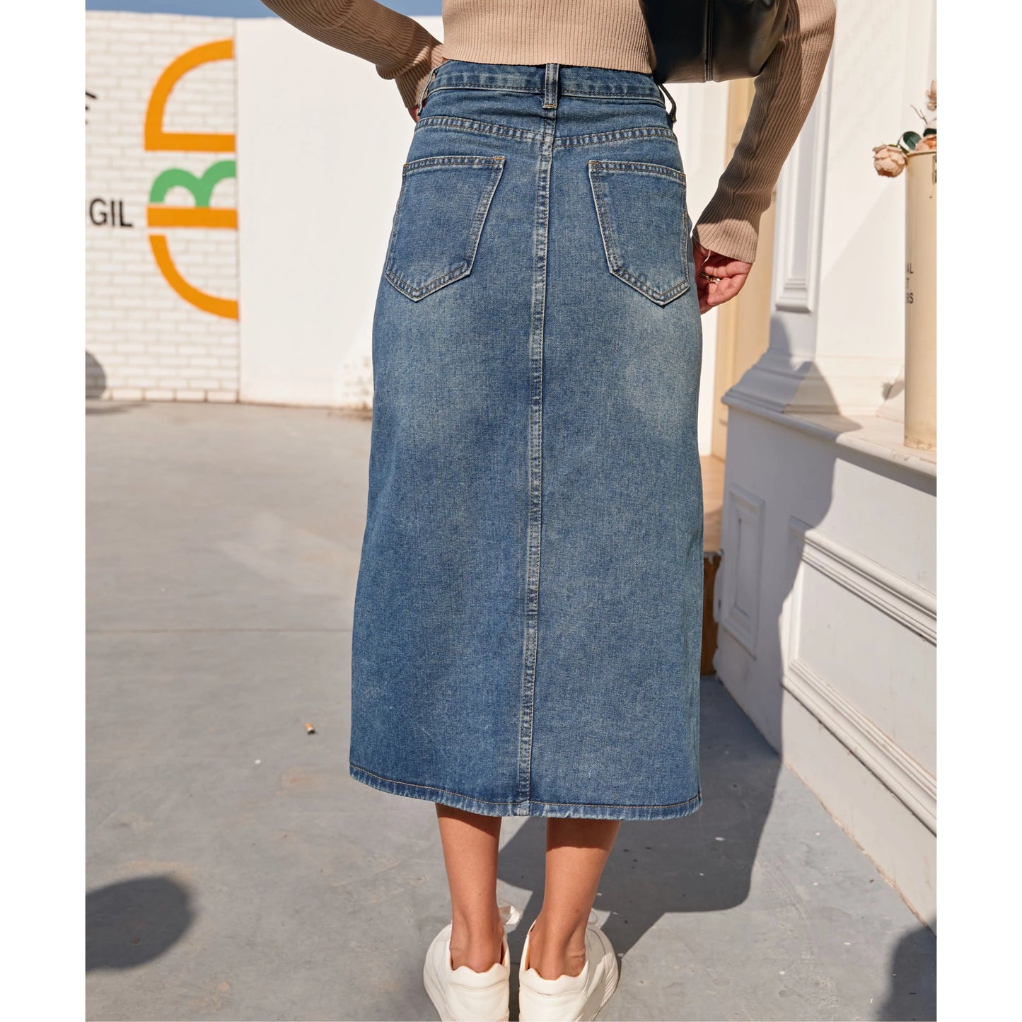 High Waist Straight Denim Skirt Women Vintage Split Fork Blue Long Bodycon Pencil Jean