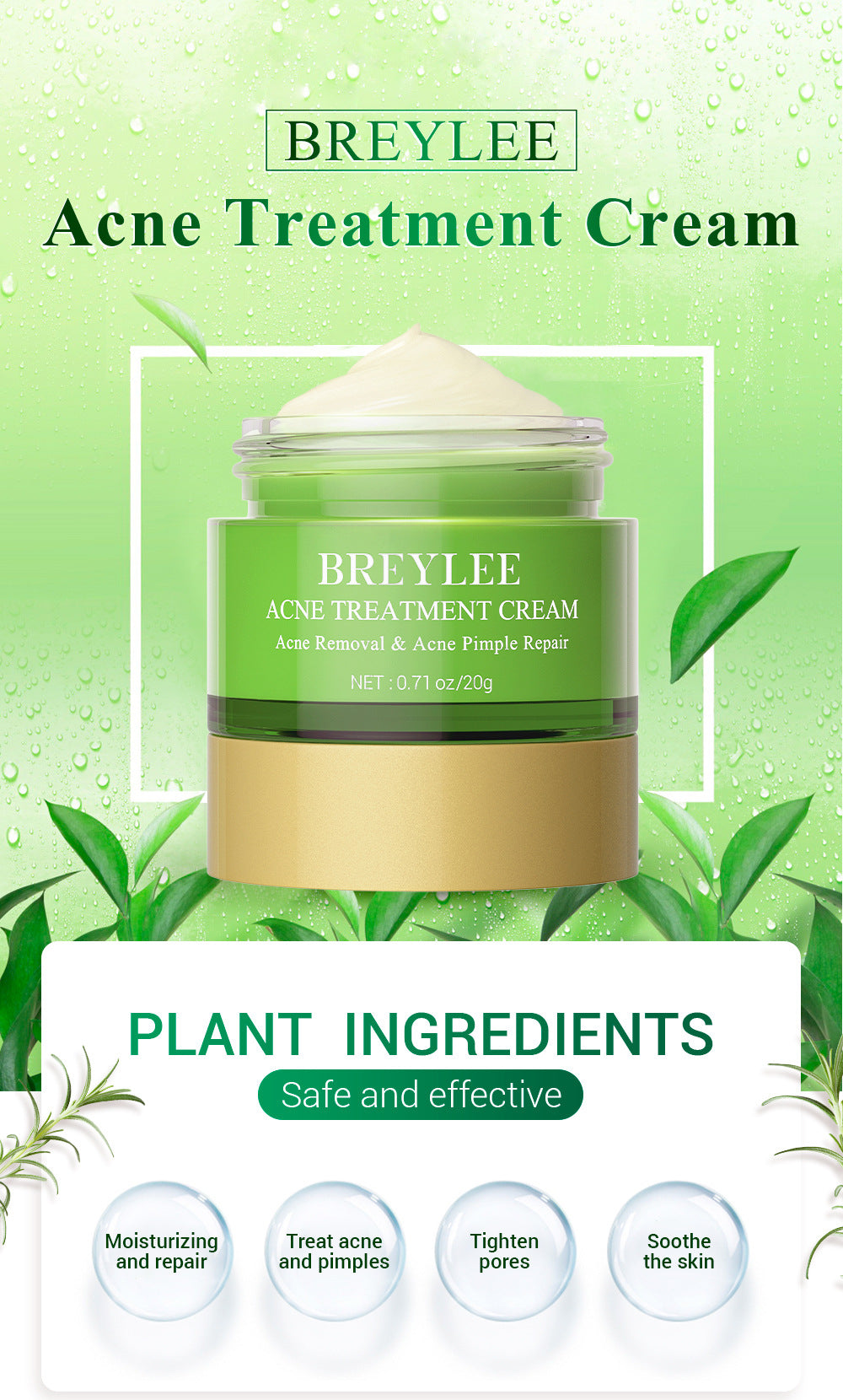 BREYLEE   Tea Tree Face Cream Moisturizing Water Oil Balance 20G 10PCS