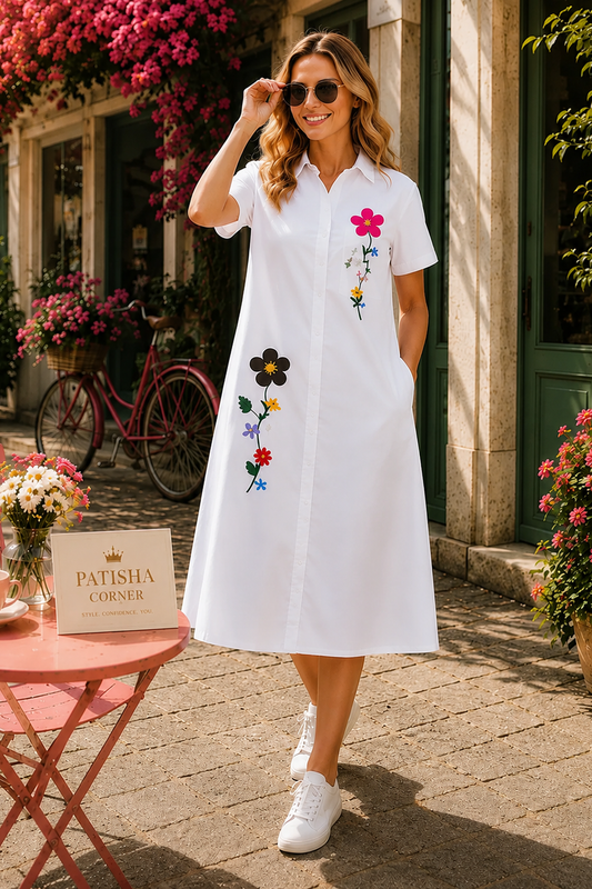🌸 Floral Embroidered Shirt Dress ✨