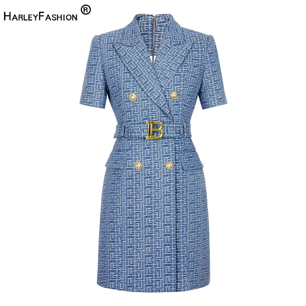 Short Sleevel Notched Retro Geometrical Pattern Washed Denim Women Blazer Slim Dress with Belt