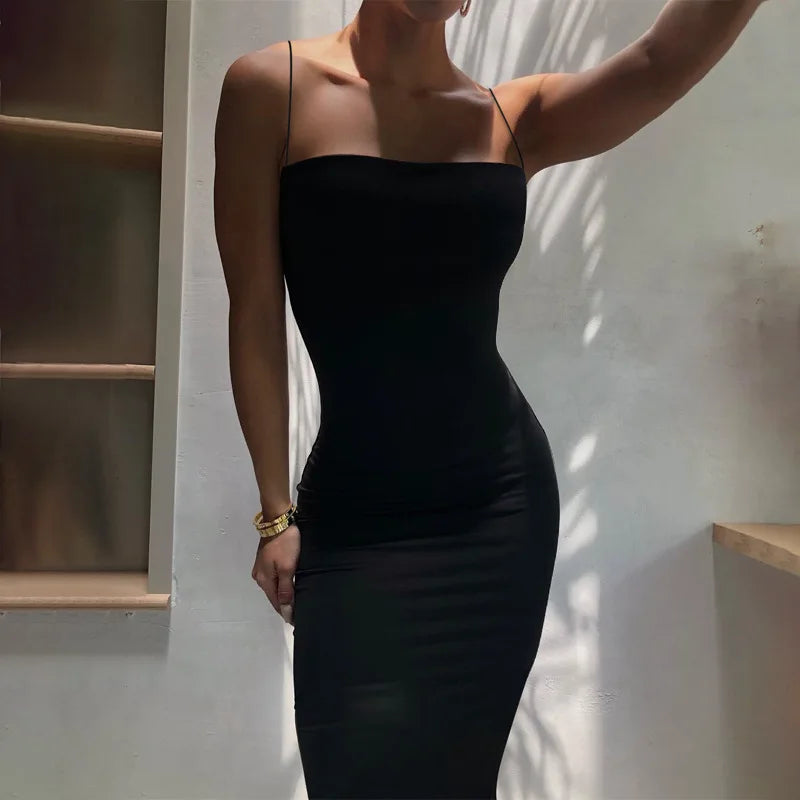 Spaghetti Strap Black Bodycon Dress