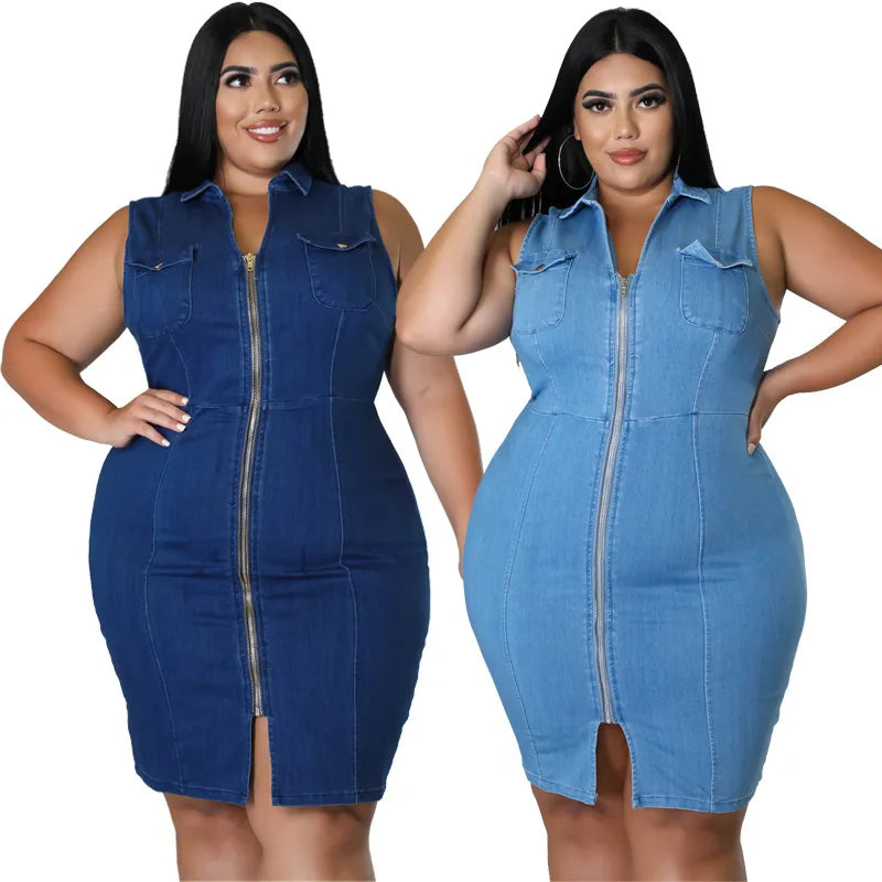 Sleeveless Zipper Denim Dress Plus Size Women Tank Elegant Dresses Fashion Lapel Wholesale Dropshipping