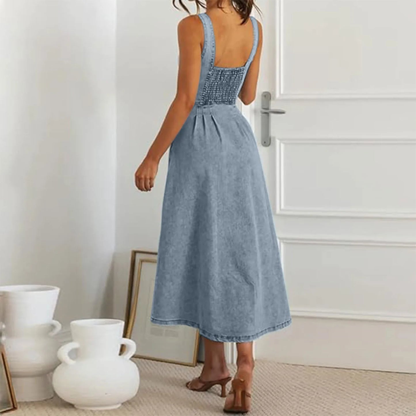 Women'S Denim Sleeveless Button Fit Midi Dress Y2k Summer Bodycon Elegant Sexy Outfits Ladies Birthday Party Club Sundress