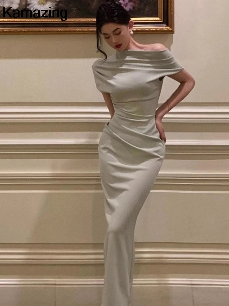 Elegant Solid Bodycon Evening Party Dresses for Women Fashion Off Shoulder