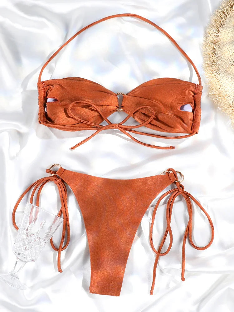 Swimwear Bikini Pleated Swimsuit Bandage