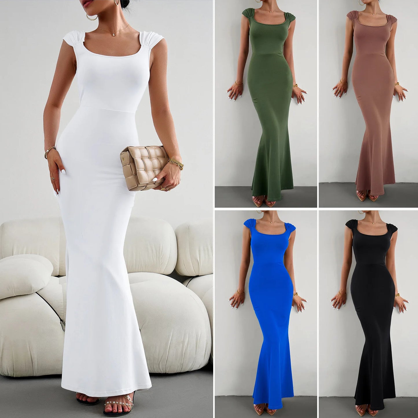 Explosive  Summer Spice Girl Bag Hip Dress For Women Solid Color Squar Neck Slim-fit Dress Lady's Long Bodycon Dress