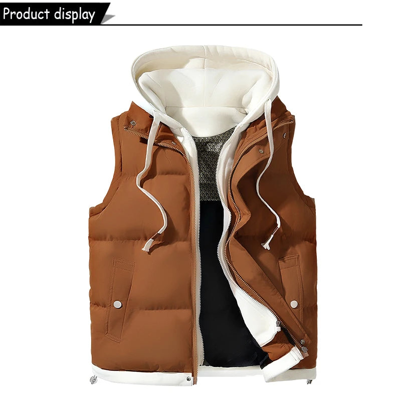 Hots Autumn Winter Men Outdoor Windproof Thick Warm Vest Men Hooded Sleeveless Waistcoat Casual Fashion Zipper Brand Vest Male