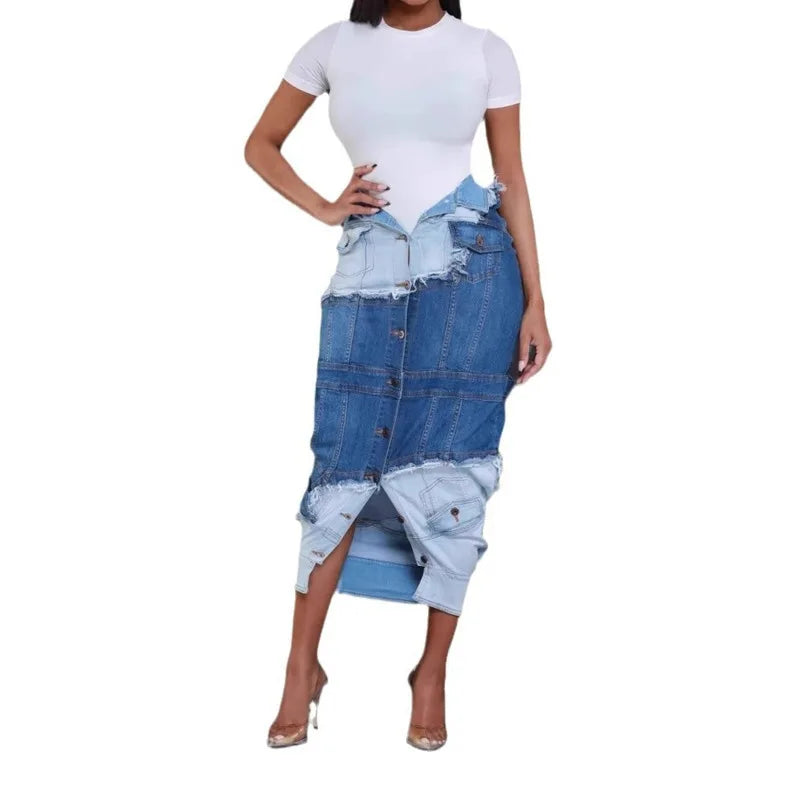 Women's Fashion Denim Patchwork High Waist Contrast Color Skirts Trendy Single Breasted Skirt 2025 Spring New 33A2405