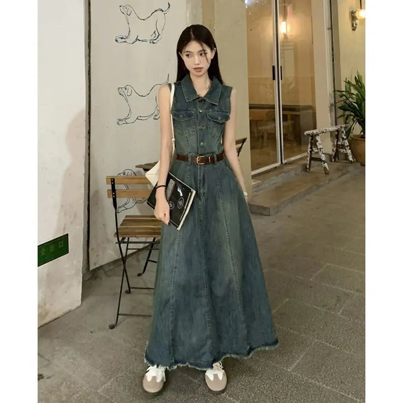 Women's Sleeveless Denim Vest Dress, Long Skirt, Casual Dresses, Summer