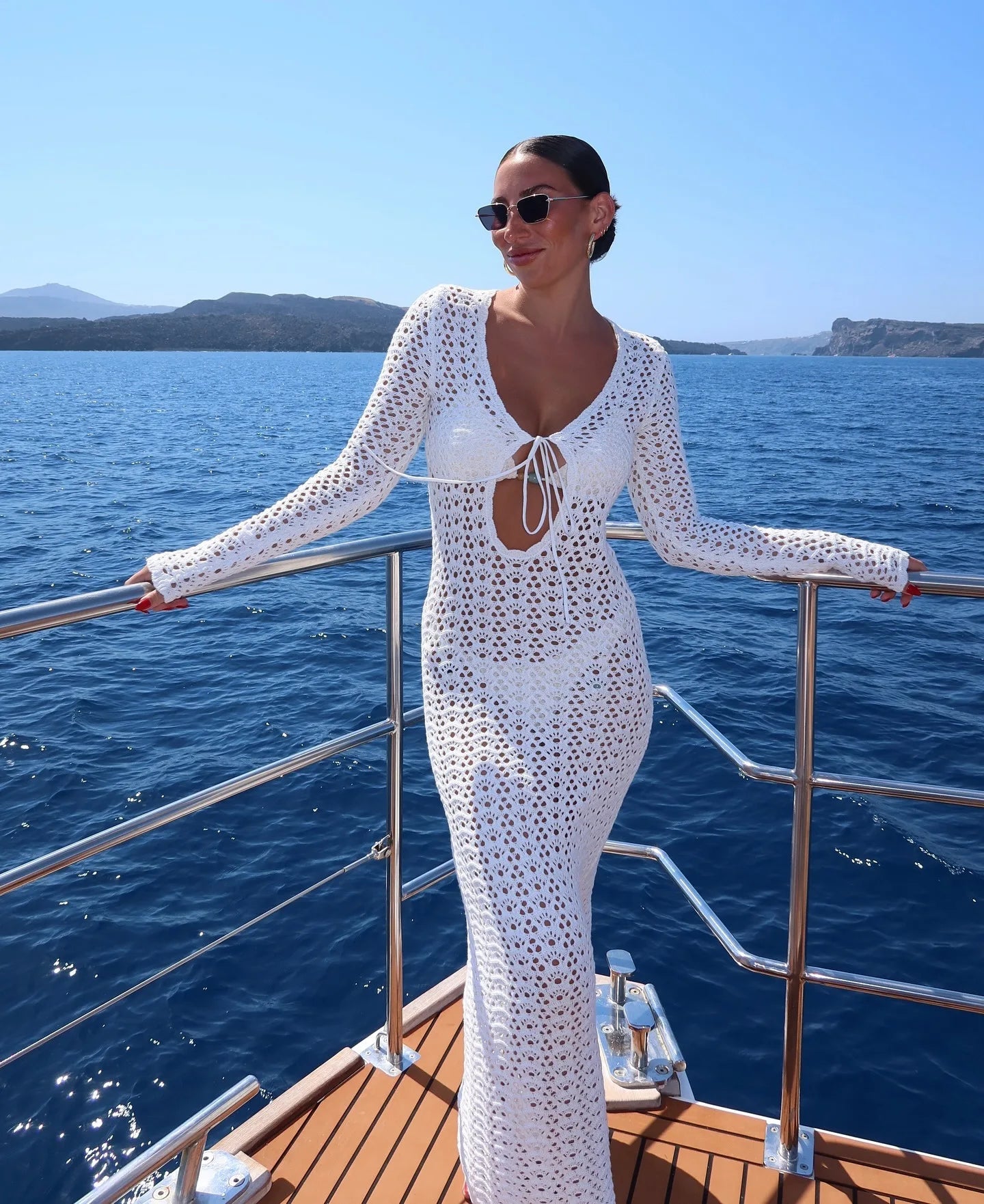 Sexy Cut Out Beachwear Swimsuit Cover Up 2024 Women Summer Autumn Boho White Knit Long Sleeve V Neck Tie Beach Maxi Dress A2970