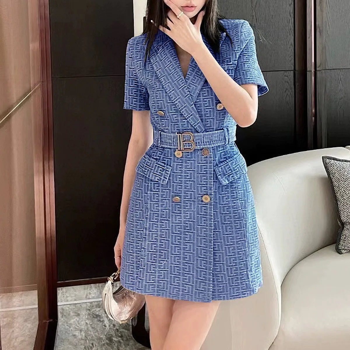 Short Sleevel Notched Retro Geometrical Pattern Washed Denim Women Blazer Slim Dress with Belt