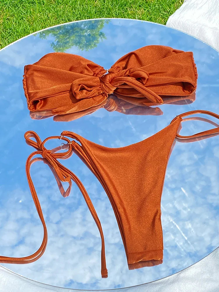 Swimwear Bikini Pleated Swimsuit Bandage