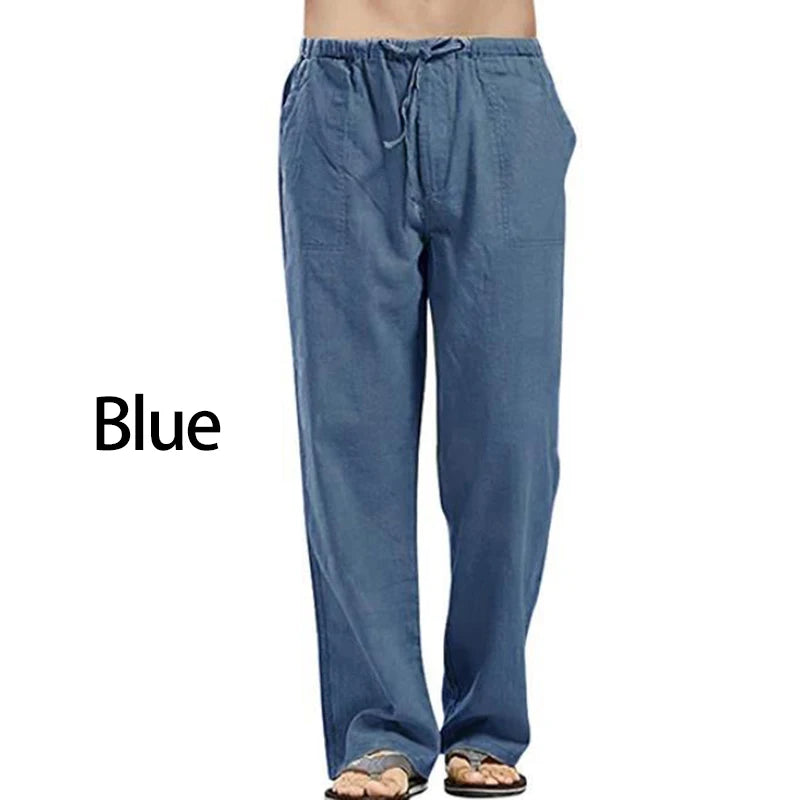 Solid Color Multi-pocket Drawstring Loose Straight Men Pants Comfortable Linen