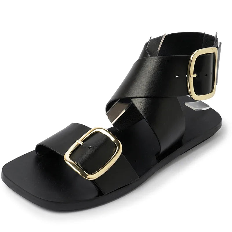 Fashion  Casual Shoes Buckle Flat Heel Cow Split Leather Square Toe Summer Women Sandals