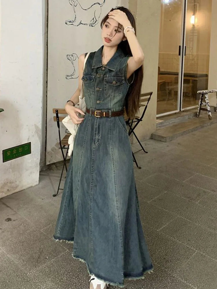 Women's Sleeveless Denim Vest Dress, Long Skirt, Casual Dresses, Summer