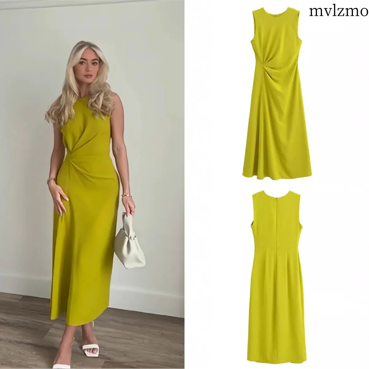 Women Elegant Mustard Sleeveless Midi Dress with Side Gathering Round Neck Back zip Summer Dresses for Female