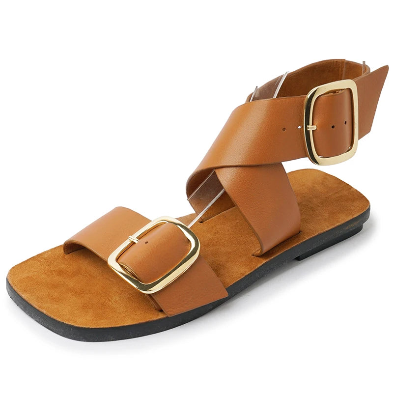 Fashion  Casual Shoes Buckle Flat Heel Cow Split Leather Square Toe Summer Women Sandals